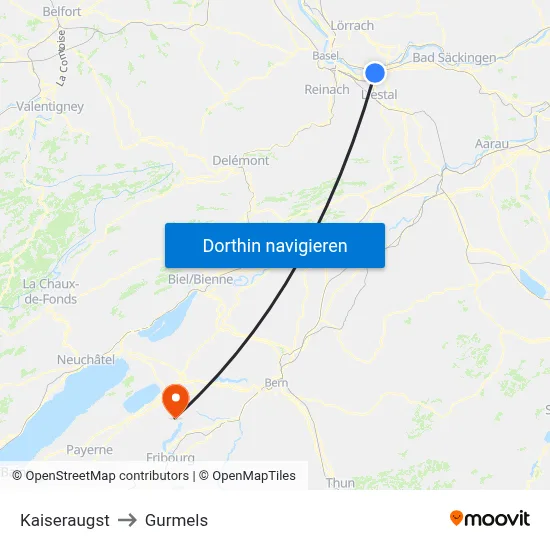 Kaiseraugst to Gurmels map