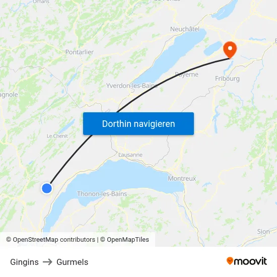 Gingins to Gurmels map