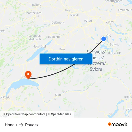 Honau to Paudex map