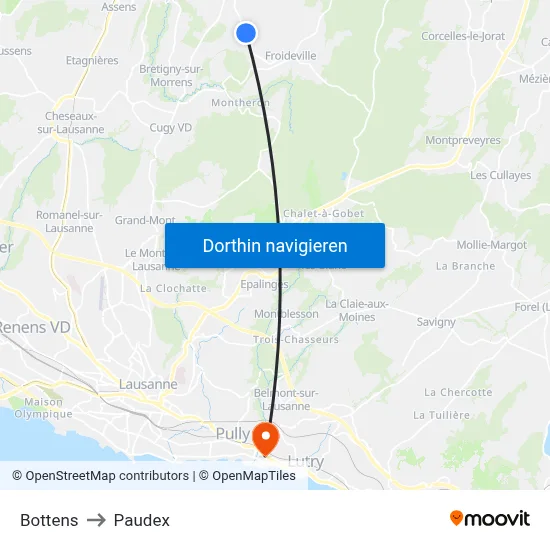 Bottens to Paudex map