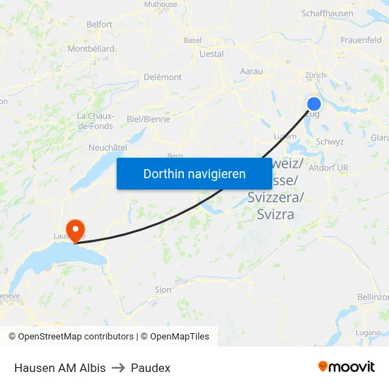 Hausen AM Albis to Paudex map