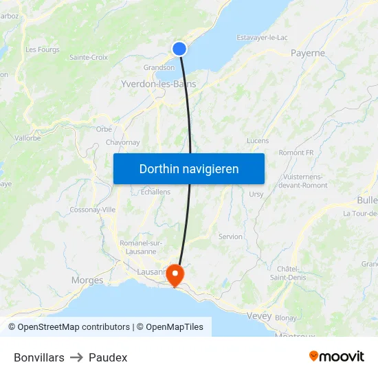 Bonvillars to Paudex map