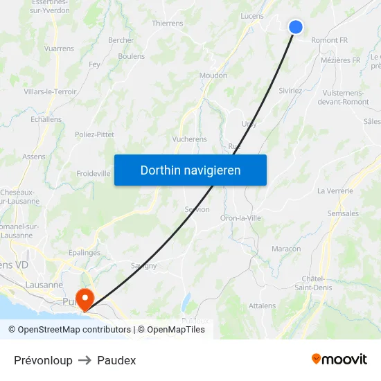 Prévonloup to Paudex map