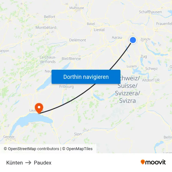 Künten to Paudex map