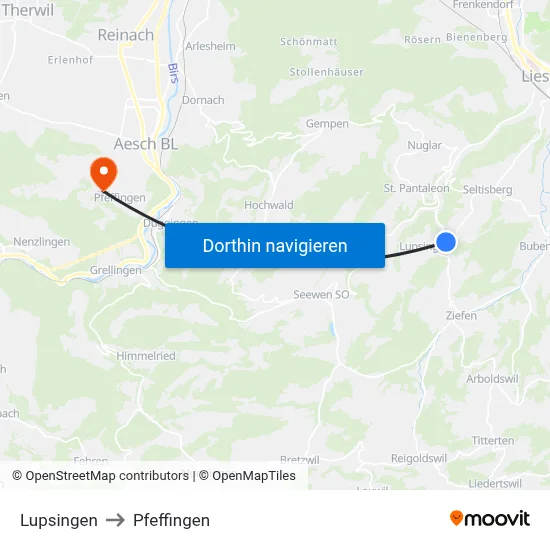 Lupsingen to Pfeffingen map