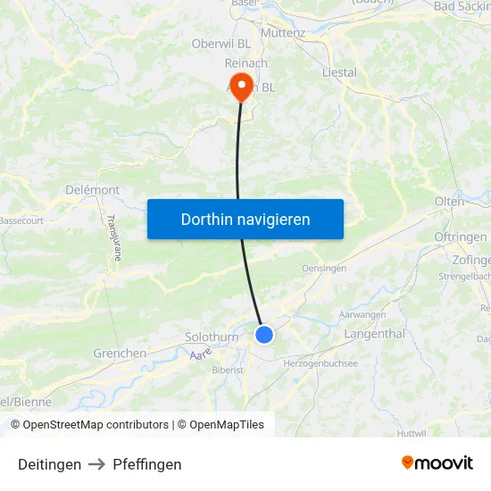 Deitingen to Pfeffingen map