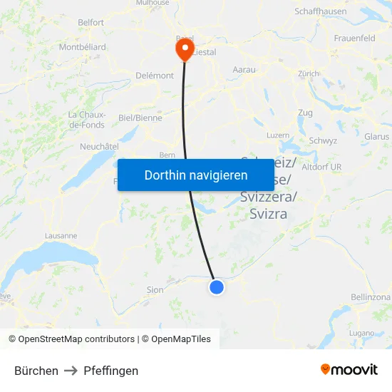 Bürchen to Pfeffingen map