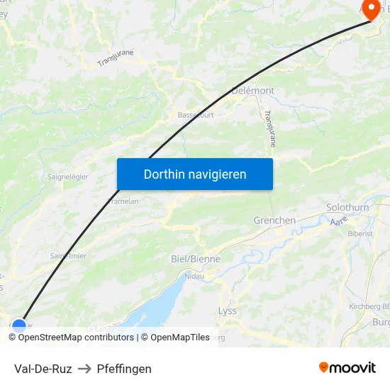 Val-De-Ruz to Pfeffingen map