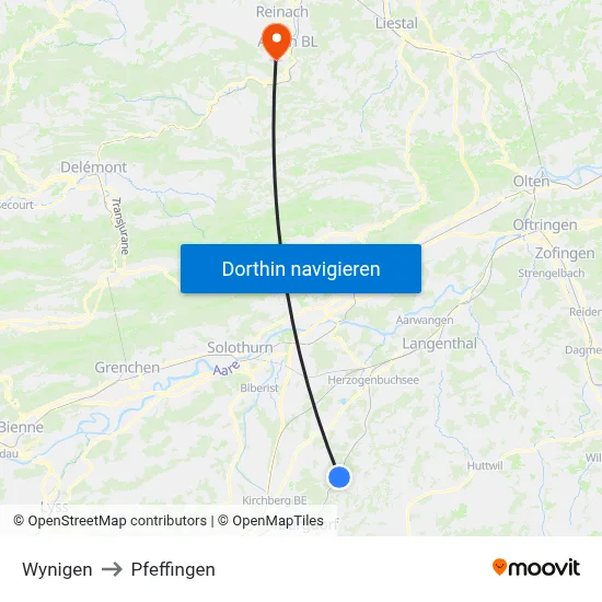 Wynigen to Pfeffingen map