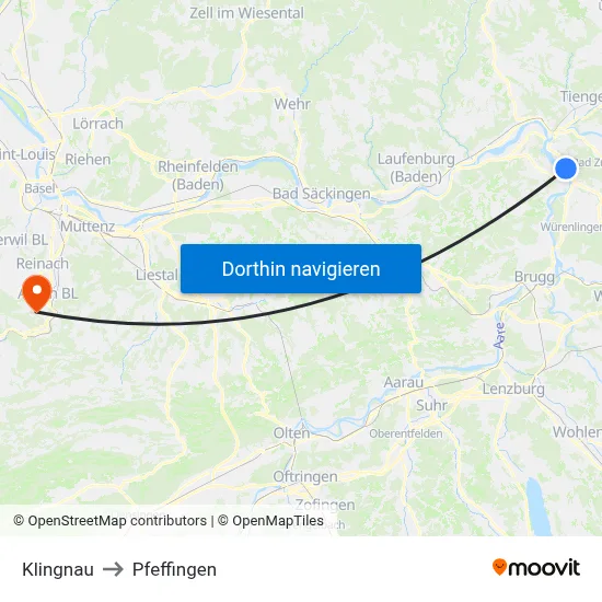 Klingnau to Pfeffingen map