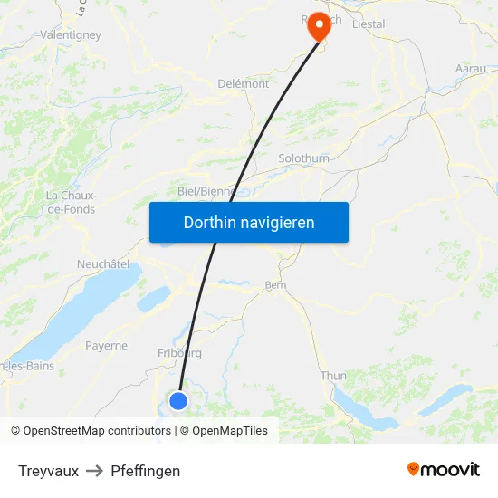 Treyvaux to Pfeffingen map