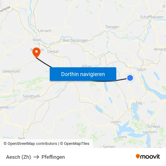 Aesch (Zh) to Pfeffingen map