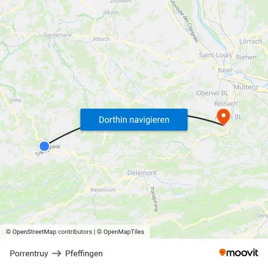 Porrentruy to Pfeffingen map