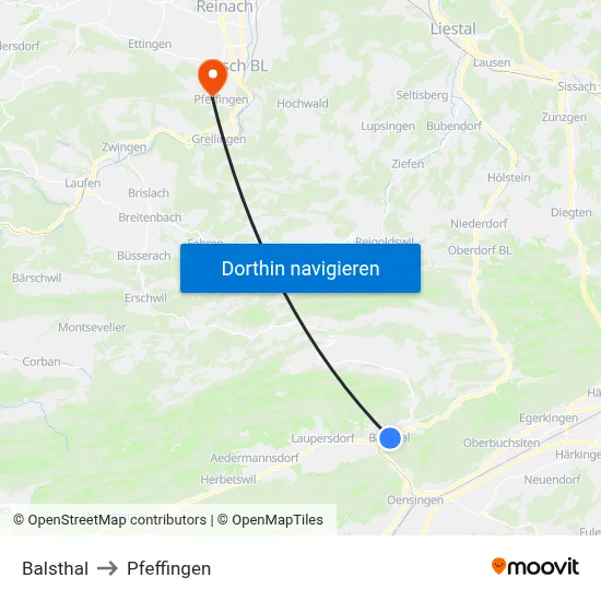Balsthal to Pfeffingen map