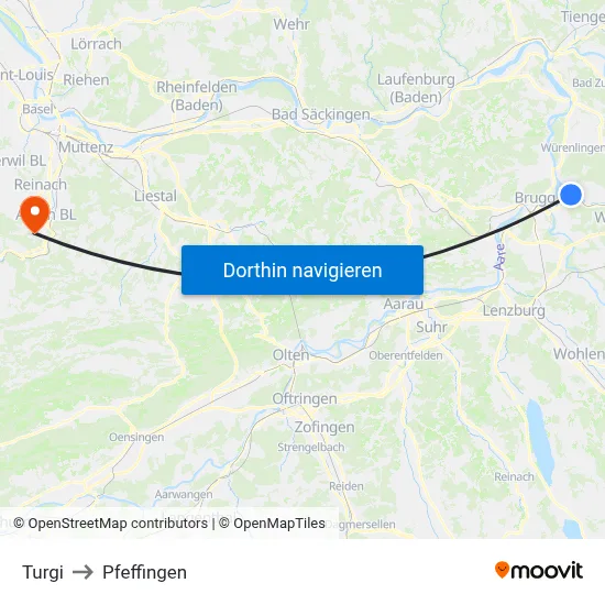 Turgi to Pfeffingen map