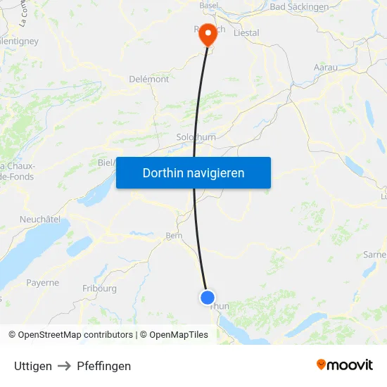 Uttigen to Pfeffingen map