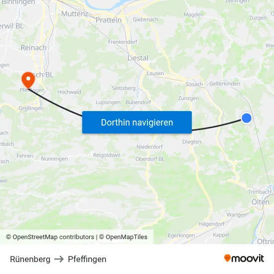 Rünenberg to Pfeffingen map