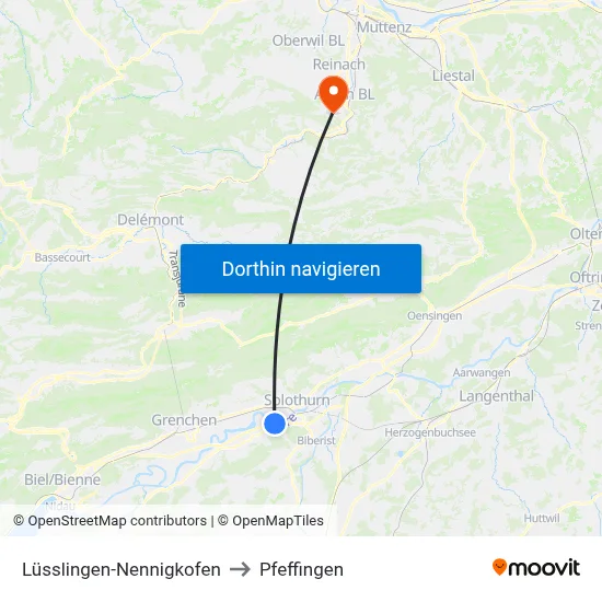 Lüsslingen-Nennigkofen to Pfeffingen map
