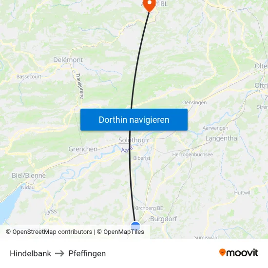 Hindelbank to Pfeffingen map