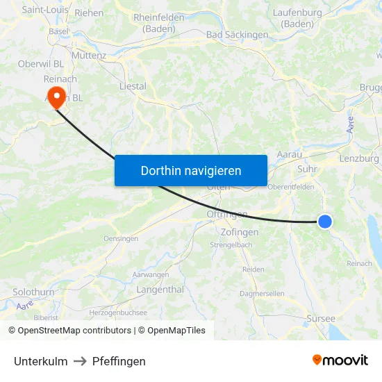 Unterkulm to Pfeffingen map