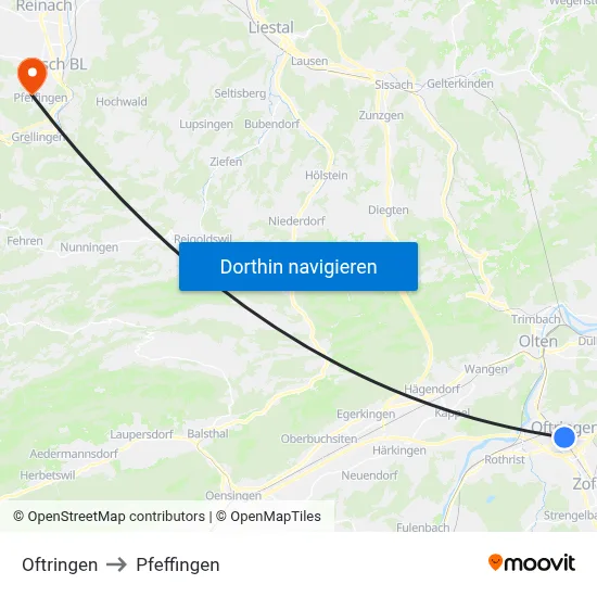 Oftringen to Pfeffingen map