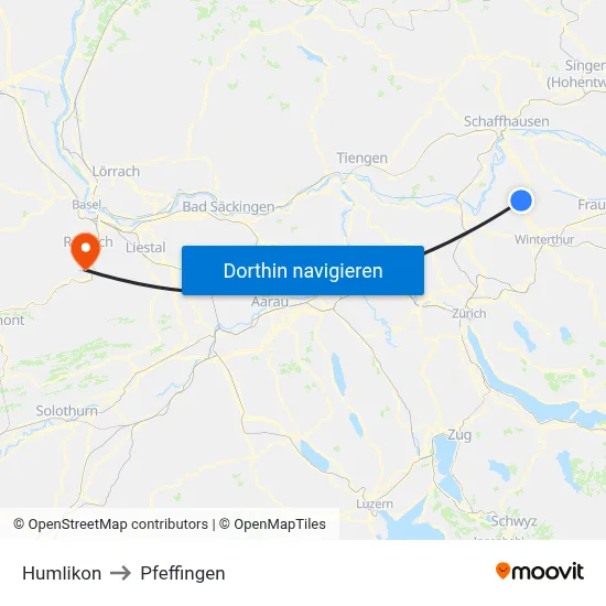 Humlikon to Pfeffingen map