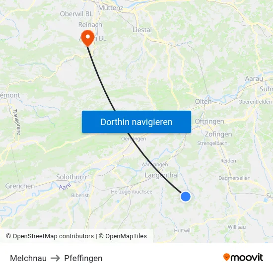 Melchnau to Pfeffingen map
