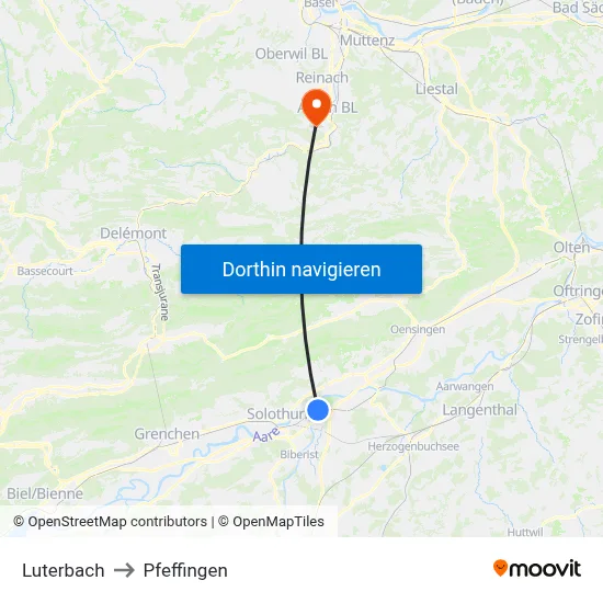 Luterbach to Pfeffingen map