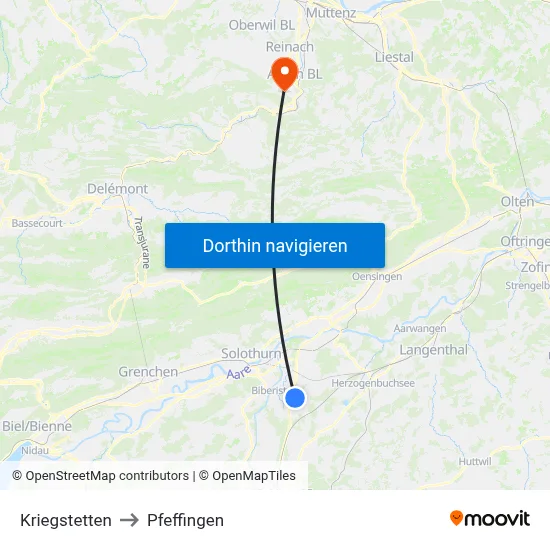Kriegstetten to Pfeffingen map