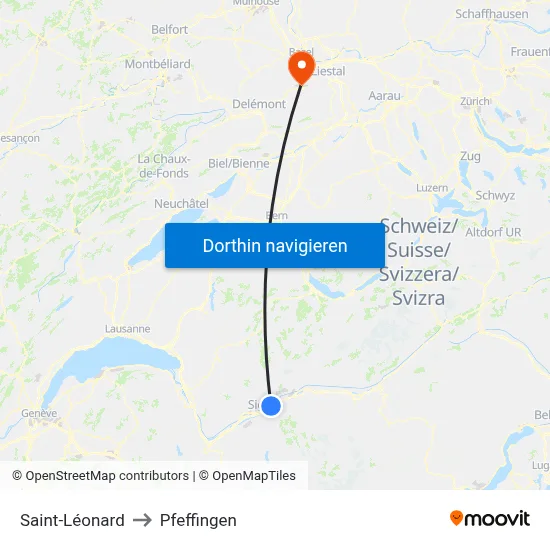 Saint-Léonard to Pfeffingen map