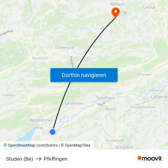 Studen (Be) to Pfeffingen map