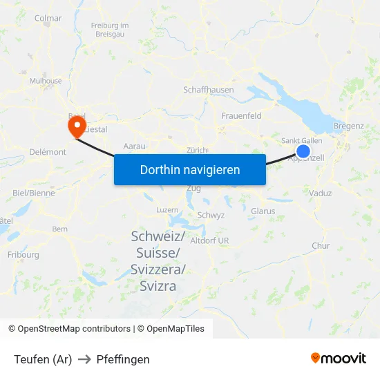 Teufen (Ar) to Pfeffingen map