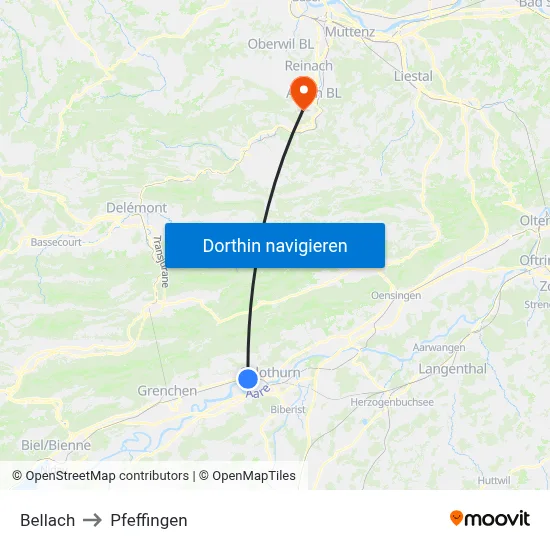 Bellach to Pfeffingen map