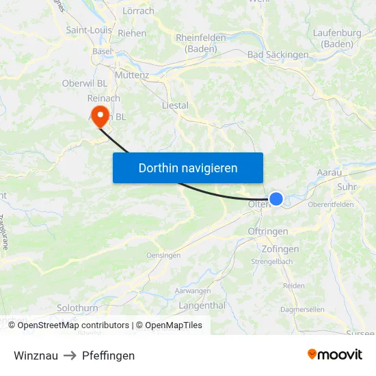 Winznau to Pfeffingen map