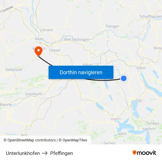 Unterlunkhofen to Pfeffingen map
