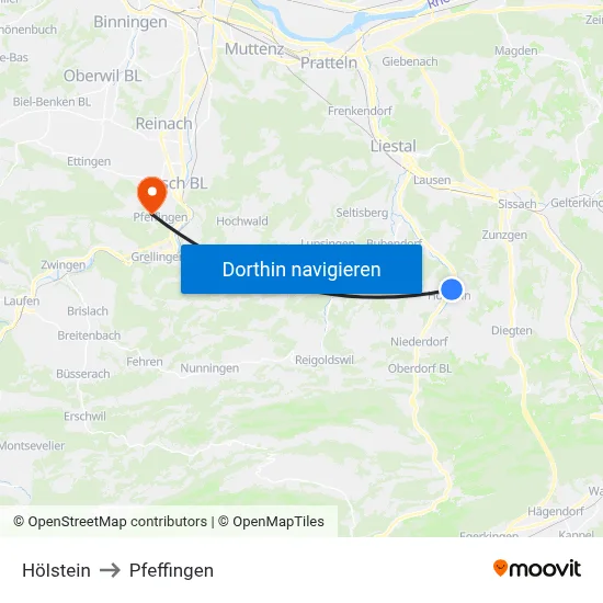 Hölstein to Pfeffingen map