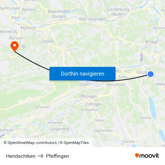Hendschiken to Pfeffingen map