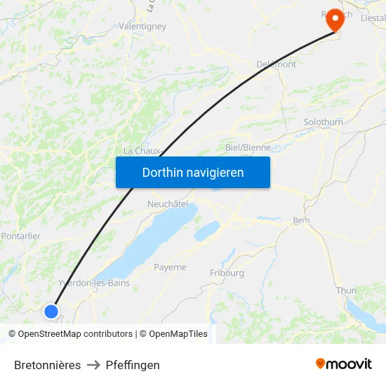 Bretonnières to Pfeffingen map