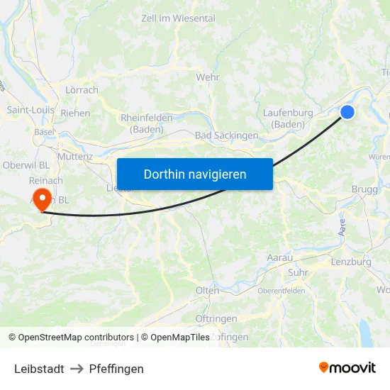 Leibstadt to Pfeffingen map