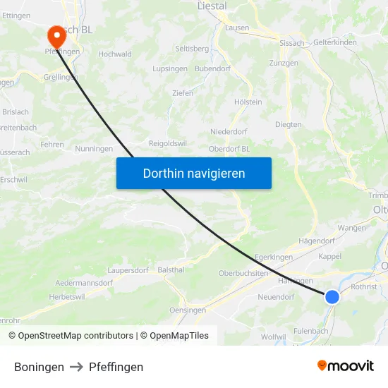 Boningen to Pfeffingen map