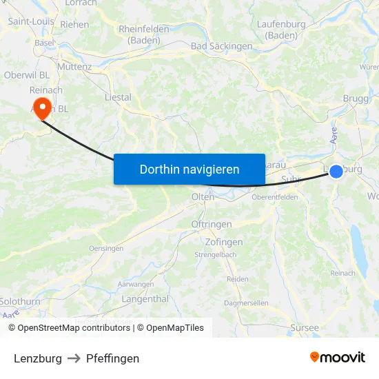 Lenzburg to Pfeffingen map