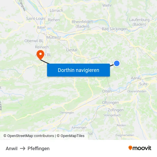 Anwil to Pfeffingen map