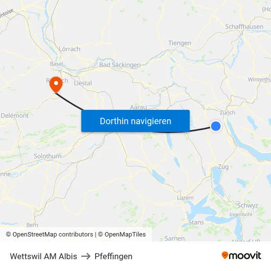 Wettswil AM Albis to Pfeffingen map