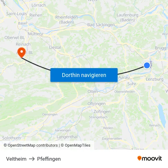 Veltheim to Pfeffingen map