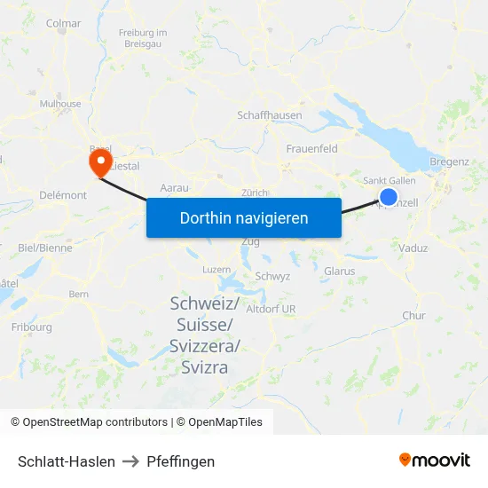 Schlatt-Haslen to Pfeffingen map