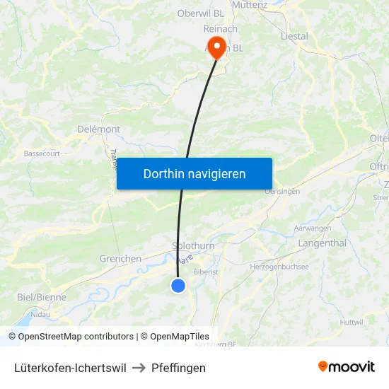 Lüterkofen-Ichertswil to Pfeffingen map