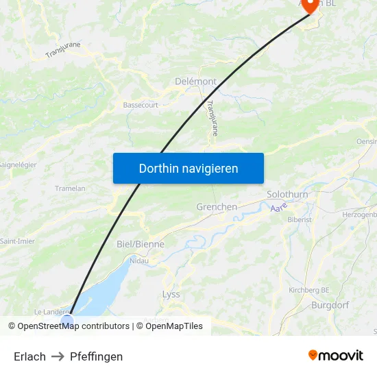 Erlach to Pfeffingen map