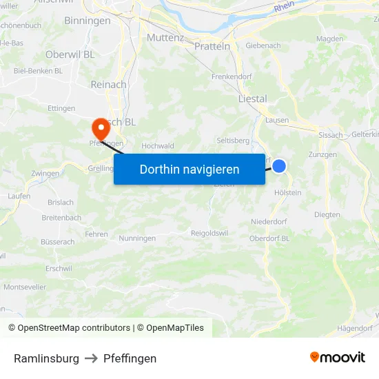Ramlinsburg to Pfeffingen map