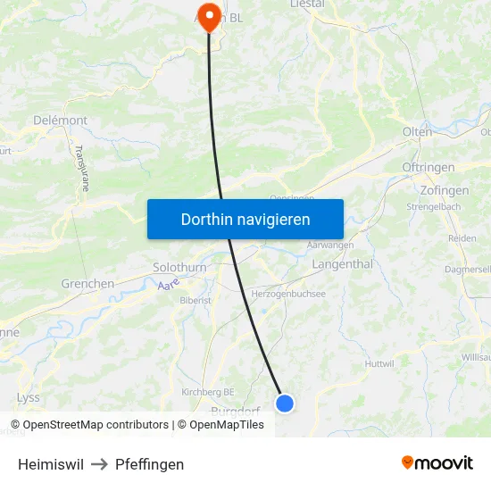 Heimiswil to Pfeffingen map