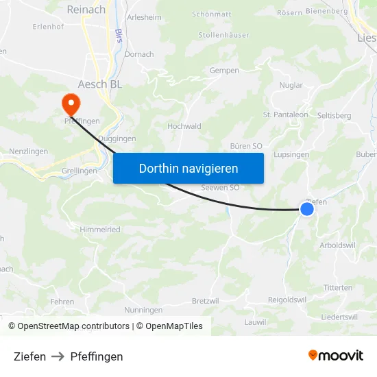 Ziefen to Pfeffingen map